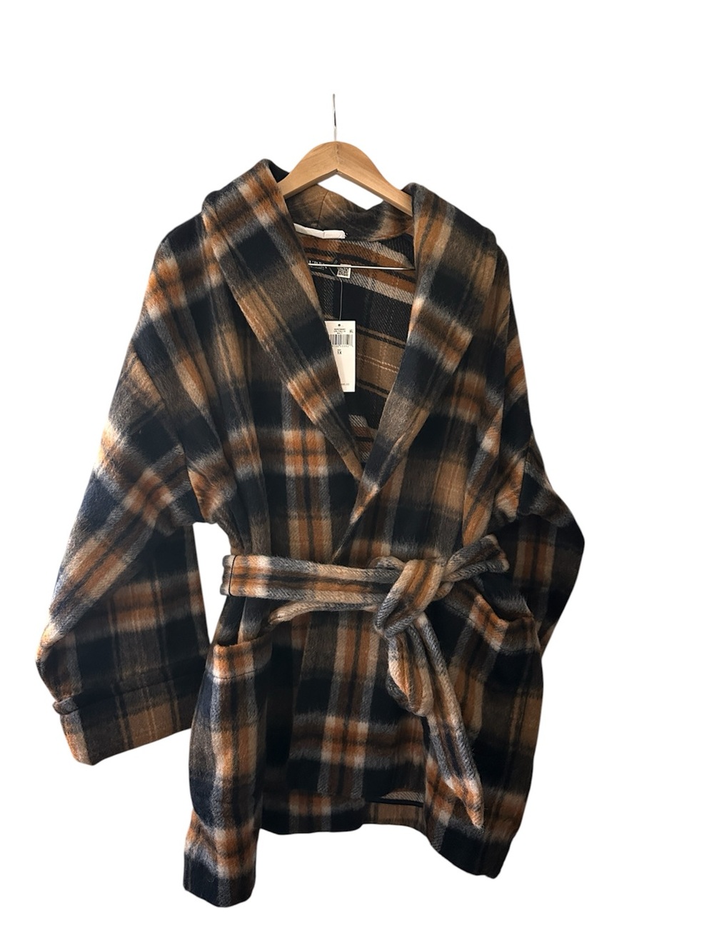 Ralph Lauren Plaid Hooded Wrap Jacket - Black & Brown & Tan